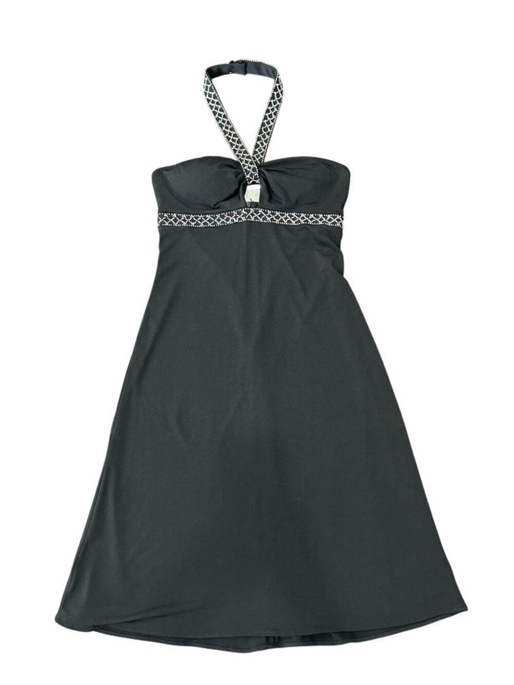 De Laru 8 Black Halter Dress Beaded Trim Lined Polyester Spandex Romantic Goth